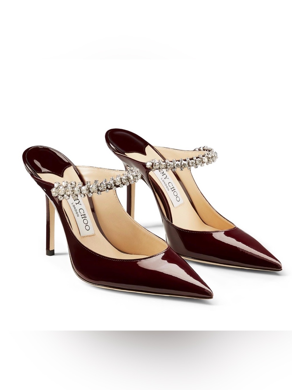Jimmy Choo Bing 100 Bordeaux Patent Leather Crystal-Strap Pointed Mules